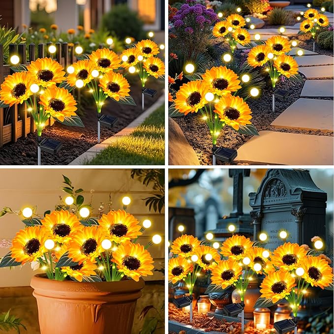 Solar Lights Outdoor Garden Decor,4 Pack Sunflower with Firefly Lights,Solar ...
