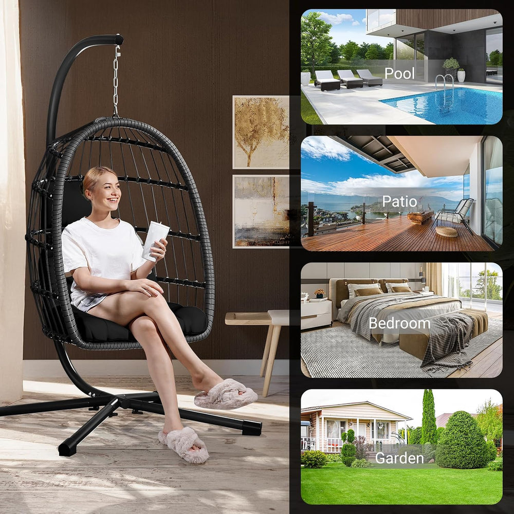Hanging Egg Chair with Stand, Patio Rattan Wicker Swing Chair, Oversized Hamm...