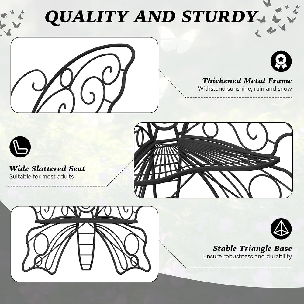 49 Inch Outdoor Butterfly Bench with Cast Iron Metal Frame, Black