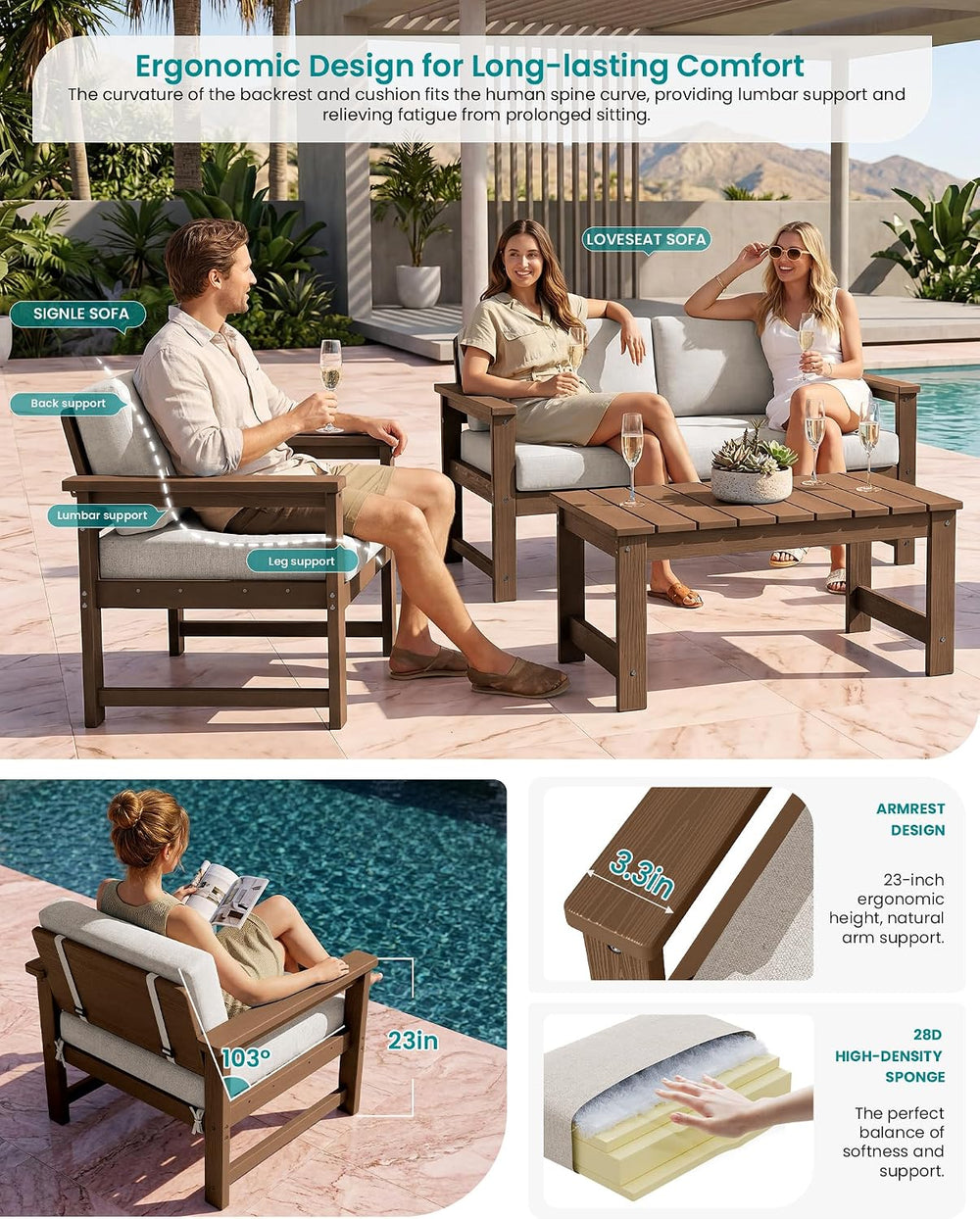 SERWALL 3 Pieces HDPE Outdoor Sofa Bistro Set with Cushions & Coffee Table