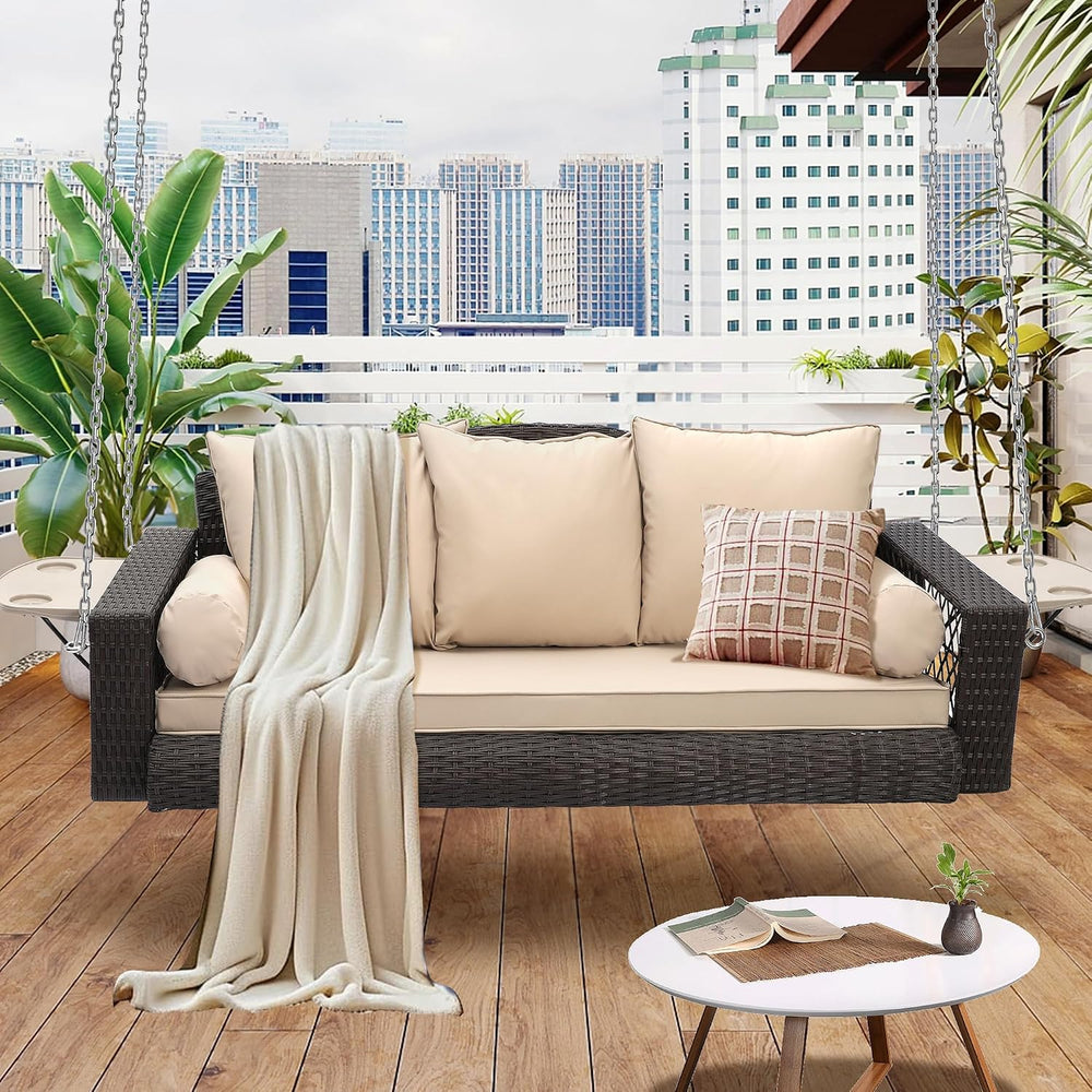3-Person Hanging Porch Swing, Outdoor Wicker Swing with Cup Holders