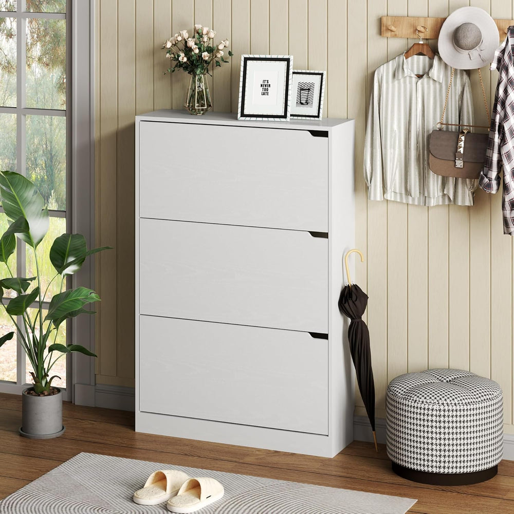 BORNOON Shoe Cabinet with 3 Flip Drawers, Hidden Wood Shoe Cabinet,Freestandi...