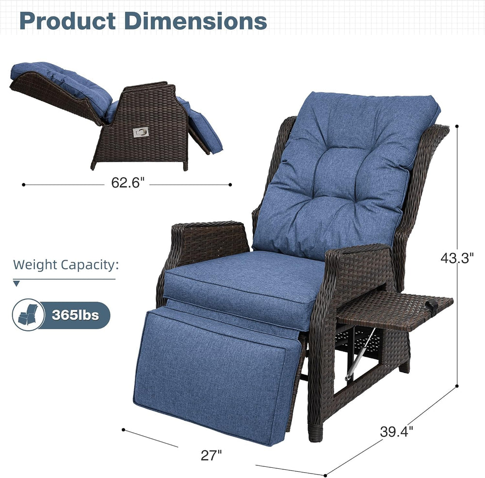 Outdoor Wicker Recliner with Adjustable Back and Footrest,Navy