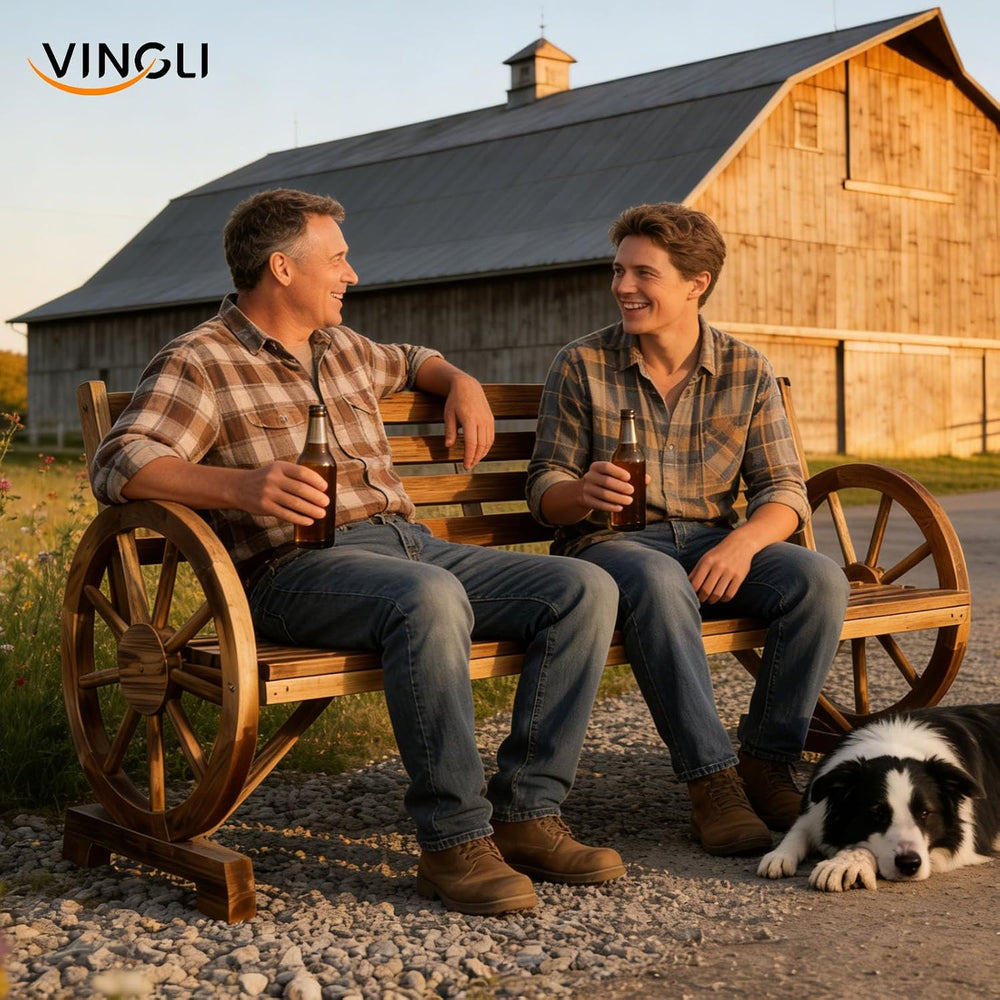 VINGLI Rustic Wooden Wheel Bench Outdoor Bench, Patio Bench Wagon Slatted Sea...