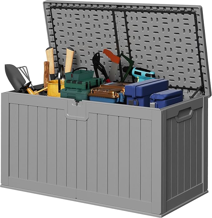 Devoko 240 Gallon Double-Wall Deck Box with Divider, Side Handles, Resin Outd...