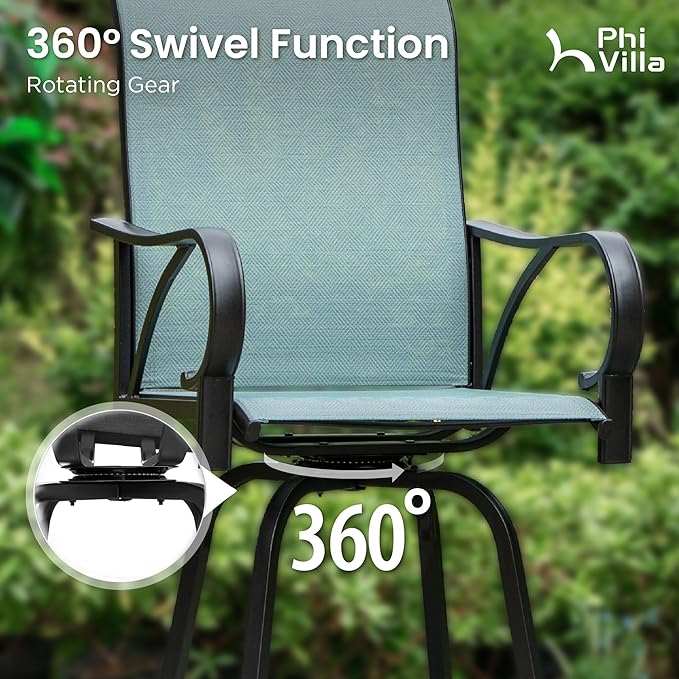 PHI VILLA Outdoor Bar Stools Set of 2, Swivel Patio Bar Stools & Chairs w...