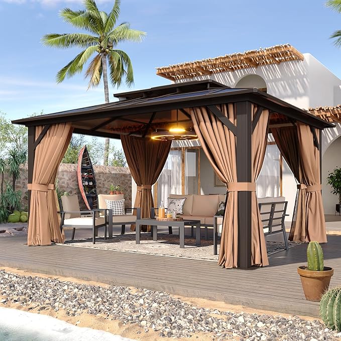 Aoxun 12'x10' Hardtop Gazebo, Aluminum Frame Permanent Pavilion with ...