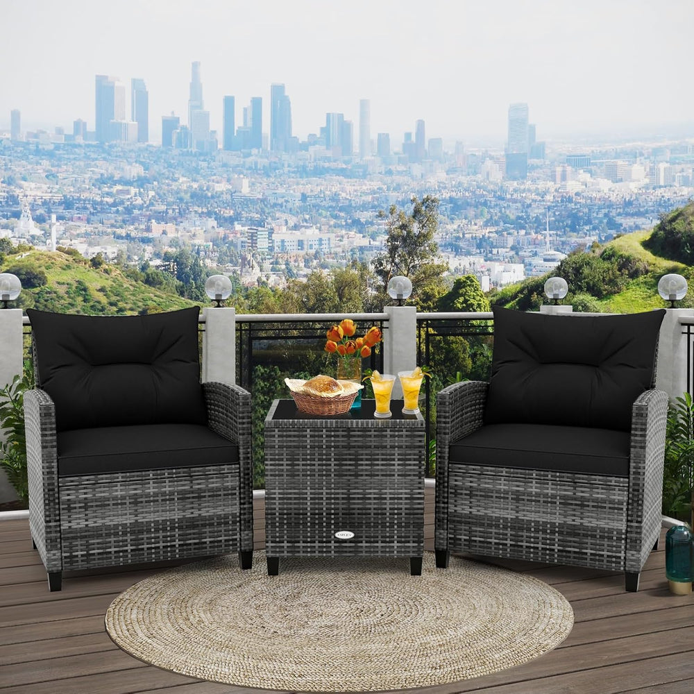 RELAX4LIFE 3 Piece Patio Furniture Set, Wicker Bistro Conversation Set w/2 Cu...