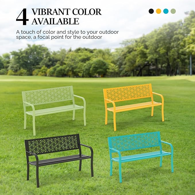 VINGLI 50" Outdoor Bench Metal with Floral Back, Garden Bench Front Porc...