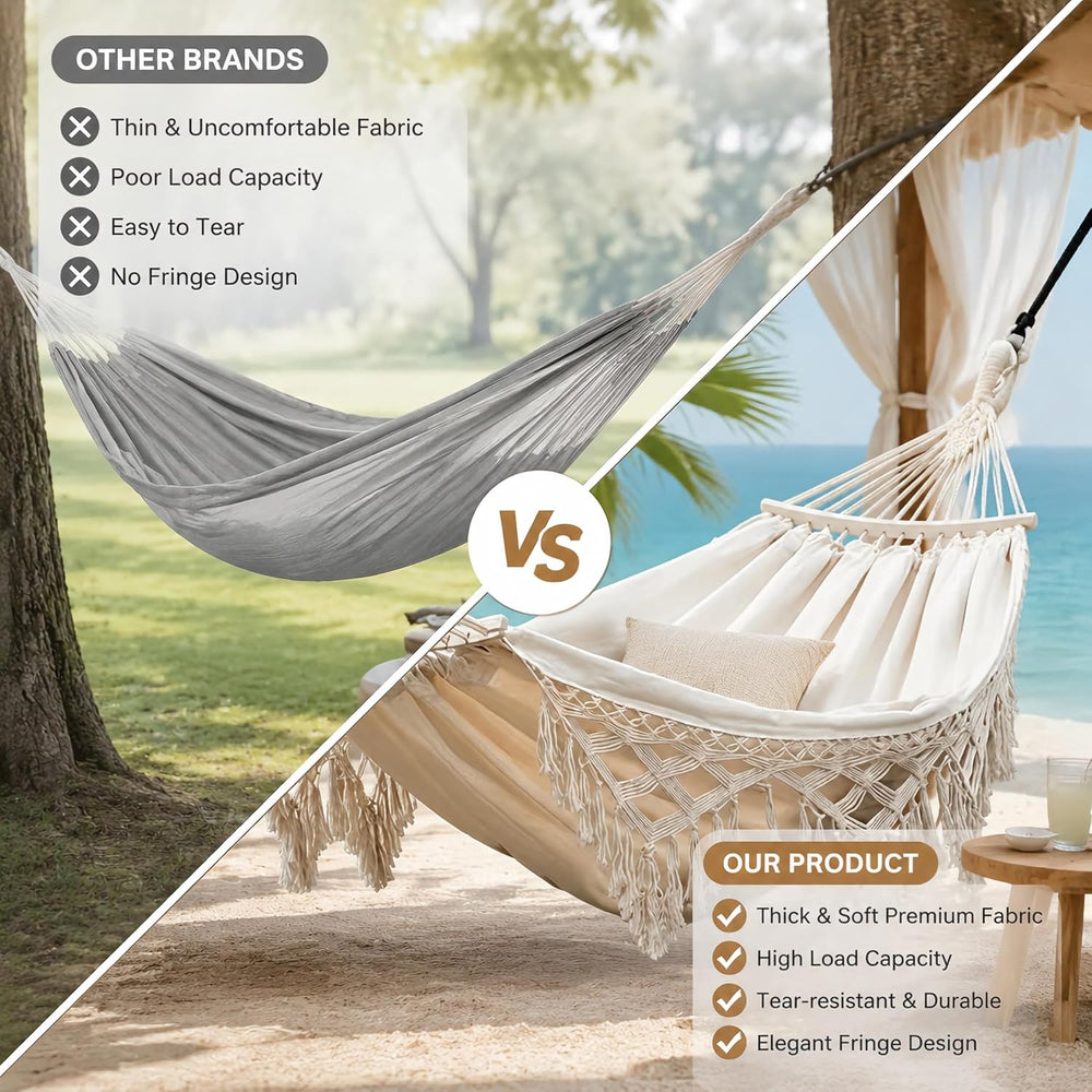 Bohemian Hammock Chair Swing with Crescent Wooden Bar (White)