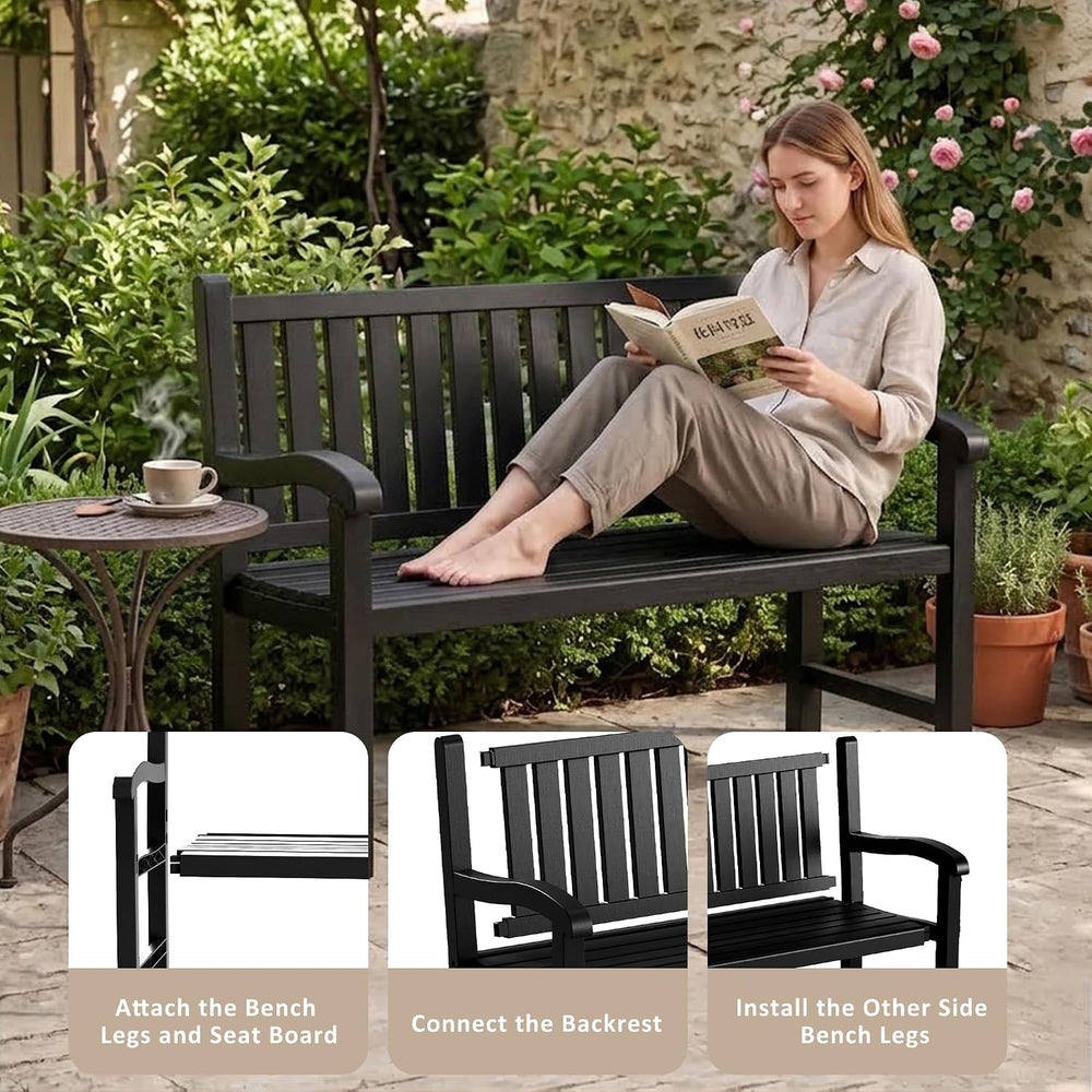 Weatherproof Resin Outdoor Garden Bench, 2-Seater,Classic Black