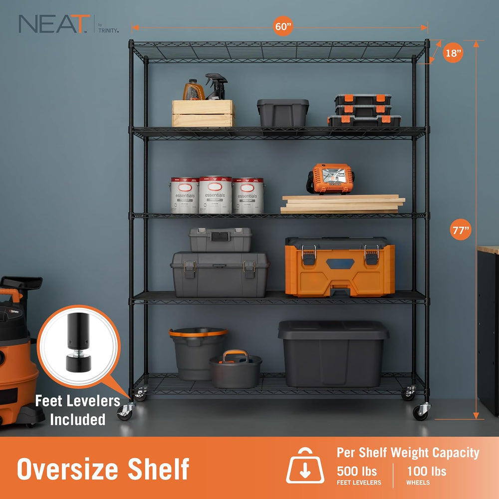 5-Tier Adjustable Wire Shelving Rack w/Wheels, Black, NSF