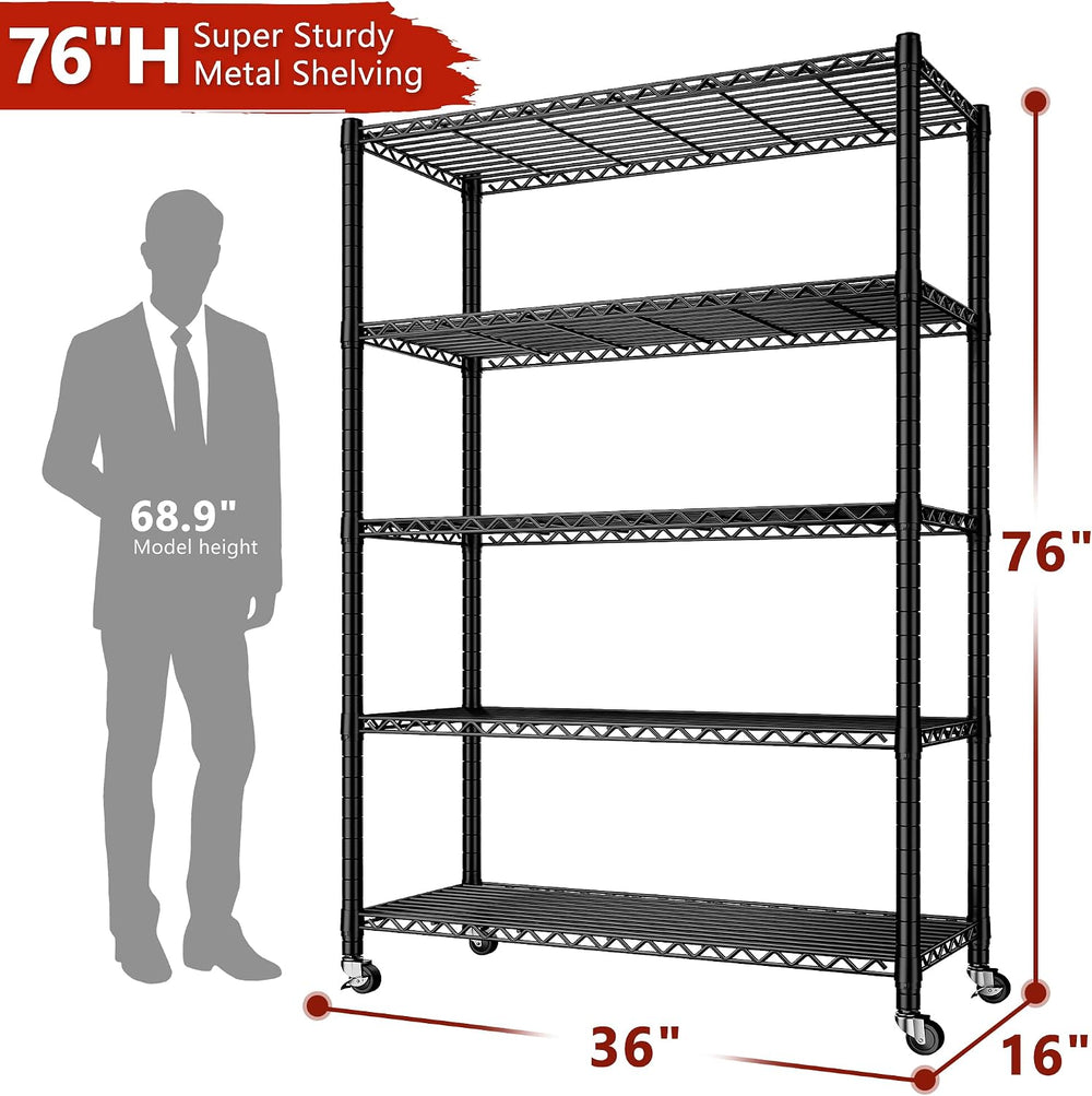 REIBII 5 Tier Storage Shelves with Wheels,1980LBS Metal Shelving for Garage