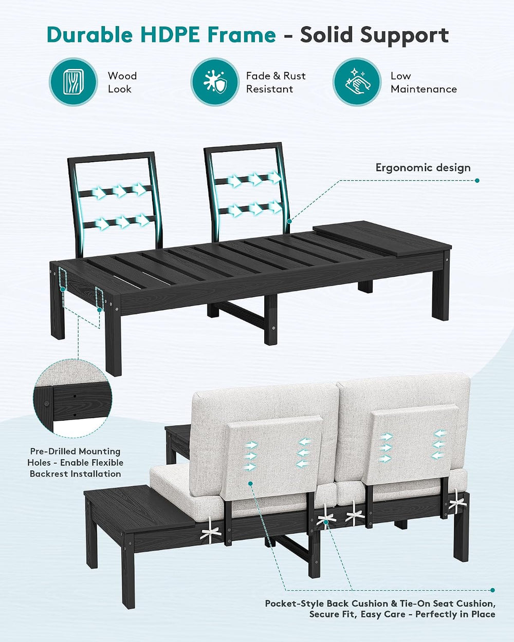SERWALL HDPE Outdoor Furniture Set, 4 Seats Outdoor Sectional with Coffee Tab...
