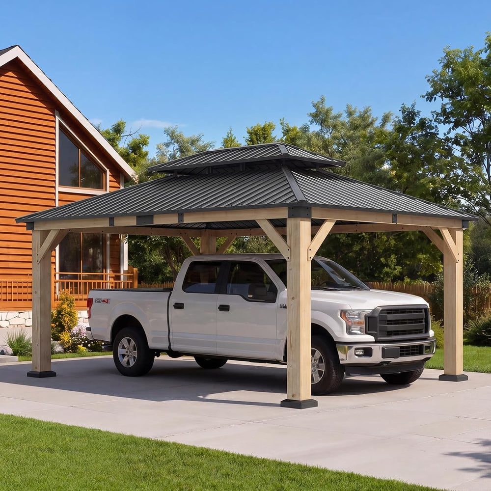 Aoxun 12x16 FT Heavy Duty Cedar Wood Carport, Double Galvanized Steel Roof