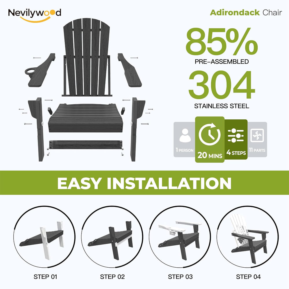 NevilyWood Adirondack Chair, HDPE Folding Outdoor Chair, Black