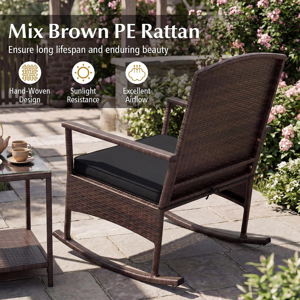Tangkula 3-Piece Outdoor Bistro Set Wicker Rocking Chairs (Black)