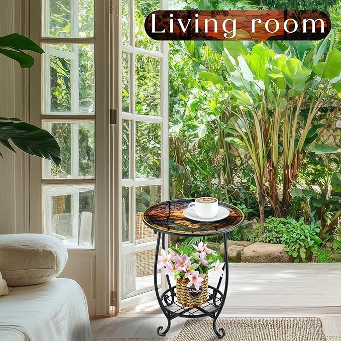 Outdoor Side Table Round Small Mosaic Patio Accent Indoor End Plant Coffee Te...