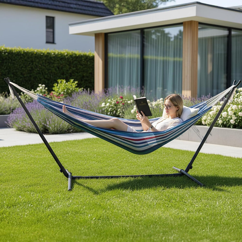 Double Hammock with 9 FT Stand Space Saving Carrying Case (Purple Blue)