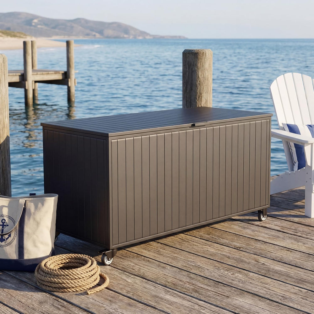 250 Gallon Metal Large Outdoor Deck Box with 4 Wheels, Black
