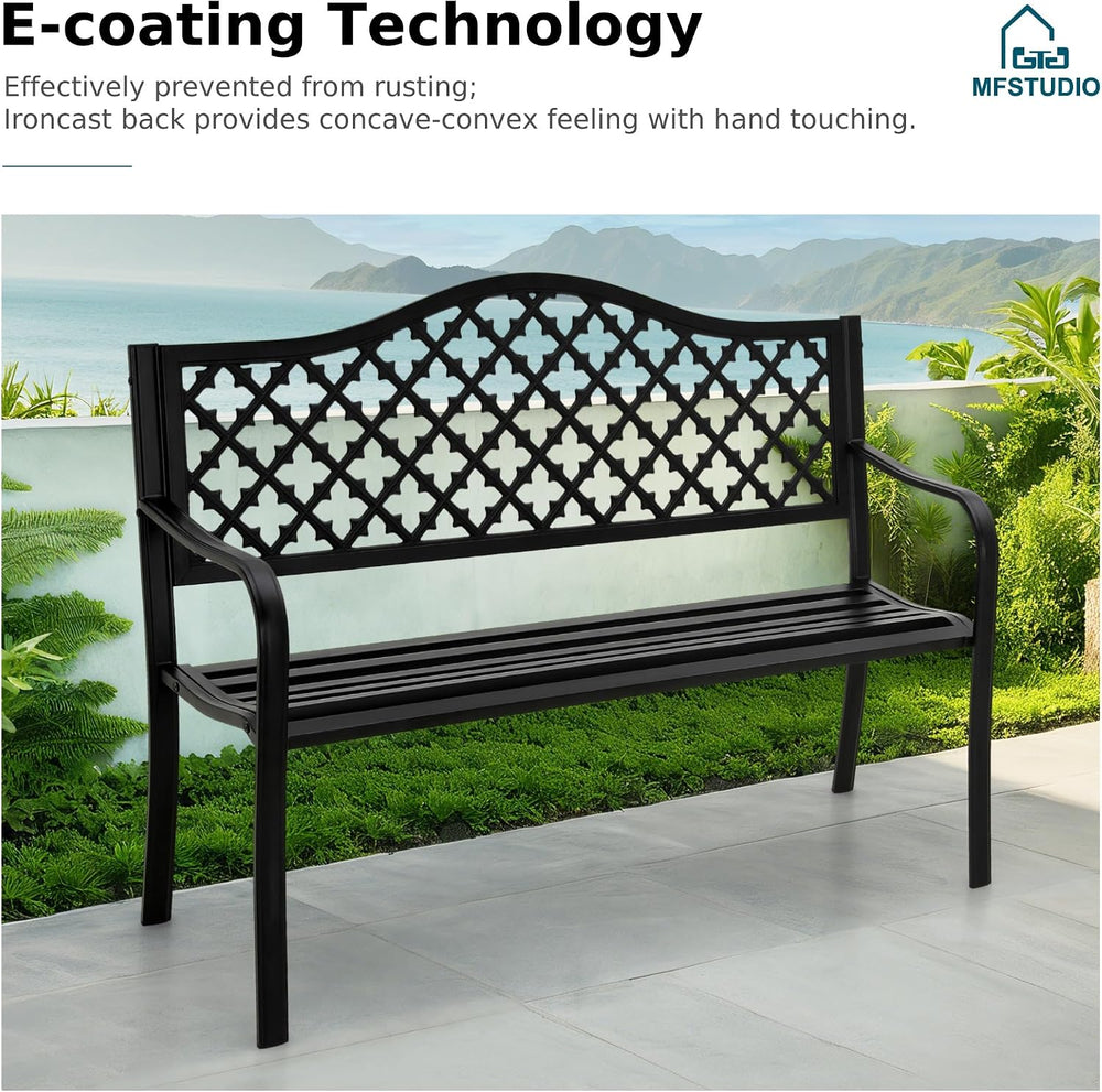 MFSTUDIO Outdoor Metal Bench Set of 2, 50" Black Outdoor Metal Garden Be...
