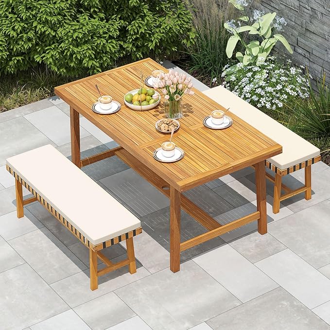 Tangkula 3 Piece Patio Dining Set for 4 People, 63” Outdoor Acacia Wood Recta...