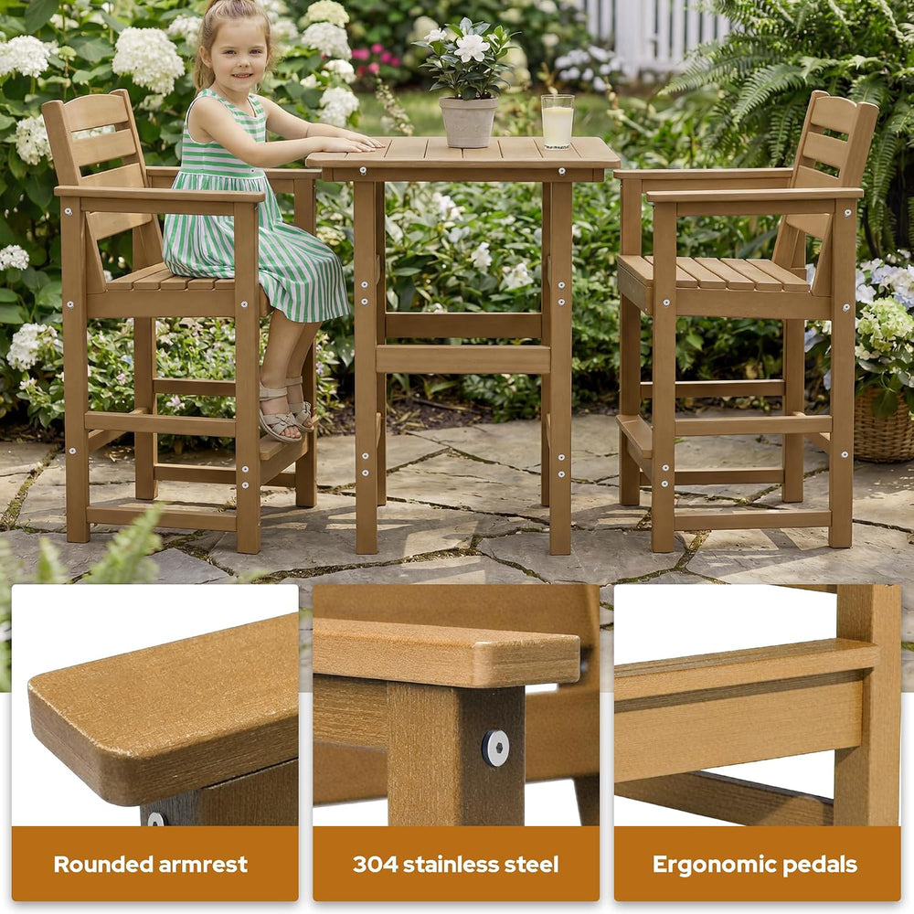 3-Piece Outdoor Bistro Bar Set, HDPE Bar Height Table & Chairs, Teak