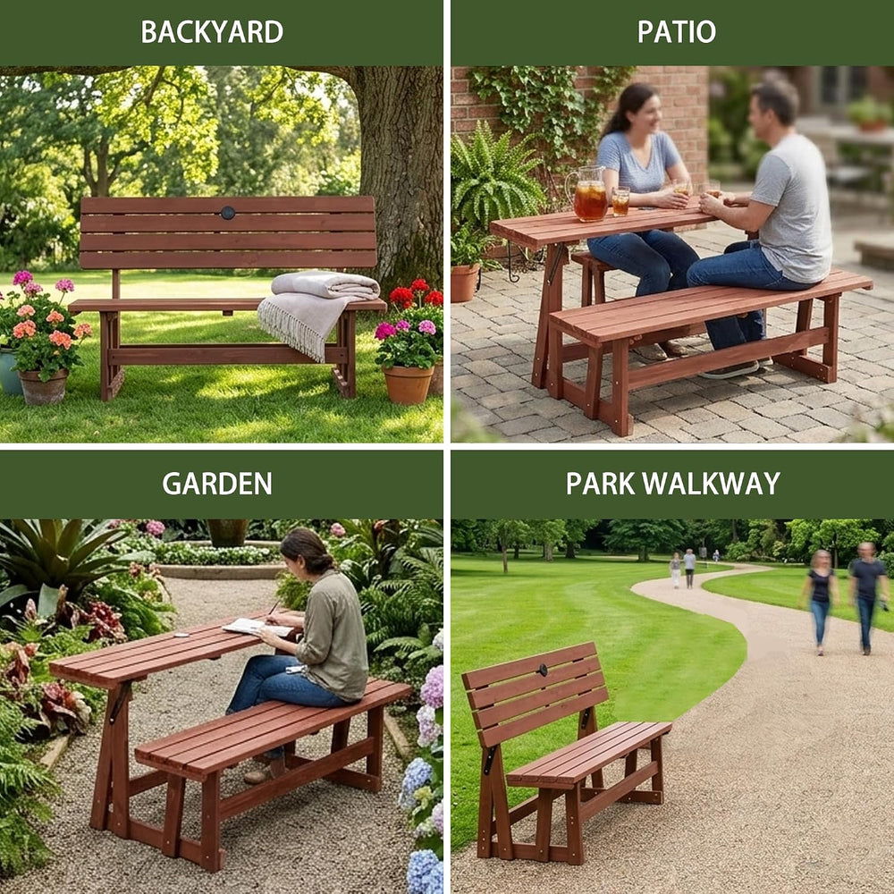 2-IN-1 Convert A Bench Picnic Table Wood Bench to Table With Umbrella Hole
