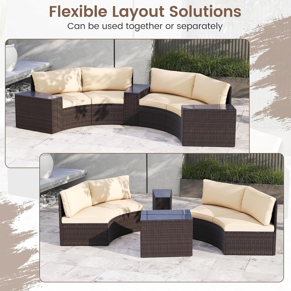 Tangkula 5 Pieces Patio Furniture Set, PE Rattan Half-Moon Curved Sectional S...