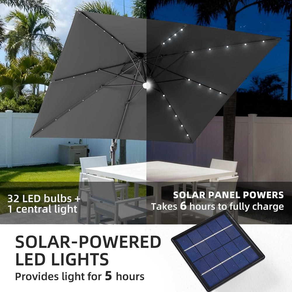 9x9 FT Cantilever Offset Patio Umbrella with Lights & Base