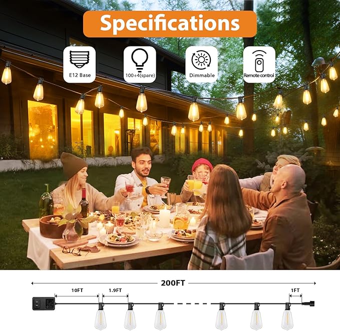 Brightever 200FT Outdoor String Lights with Remote, 2700K/4000K/5000K Selecta...