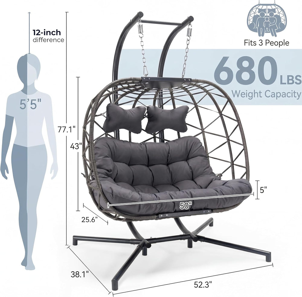 Double Egg Swing Chair with Stand, Oversized 2-Person Indoor Outdoor Hanging ...