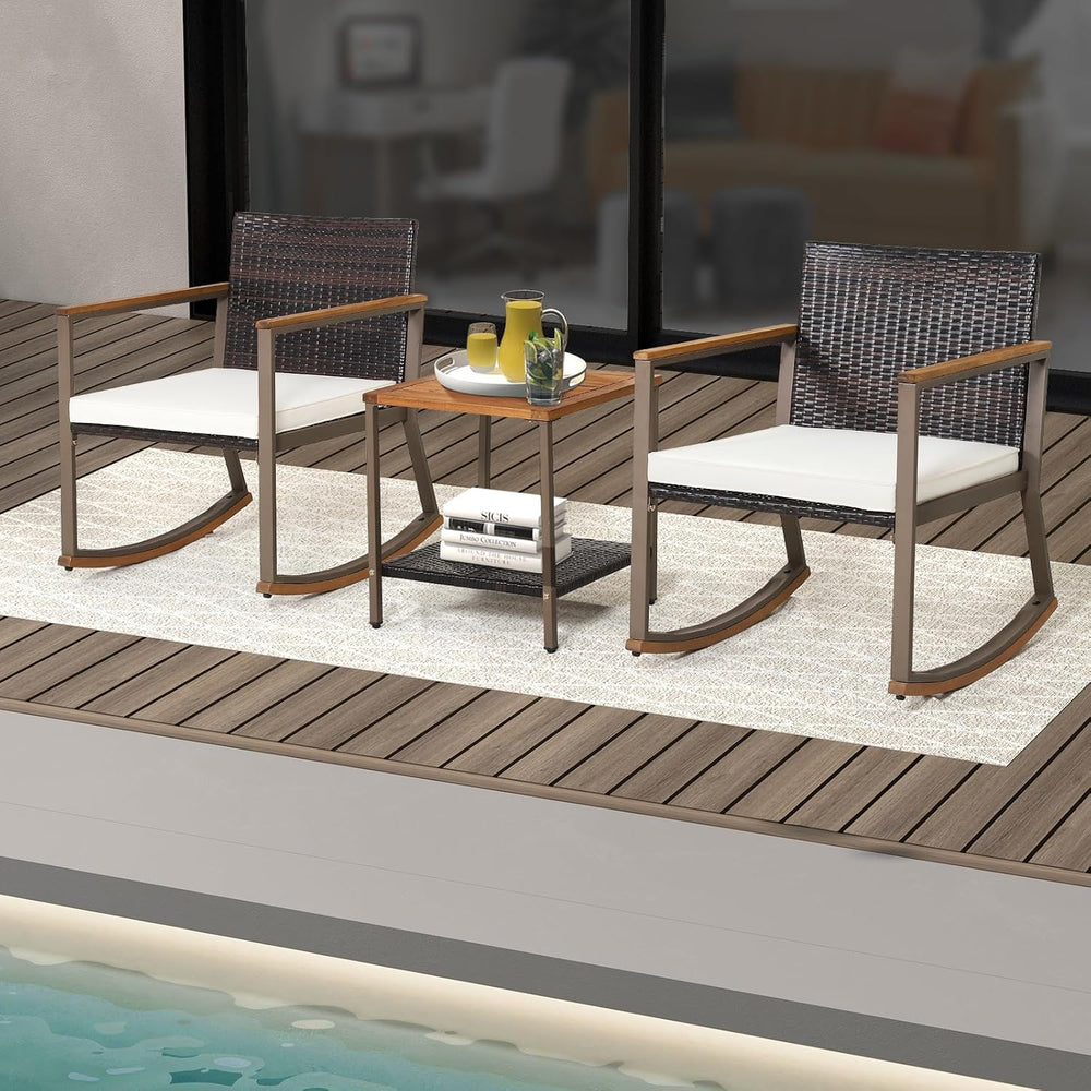 COSTWAY 3 Pieces Patio Rocking Bistro Set, Outdoor Wicker Acacia Wood Sets