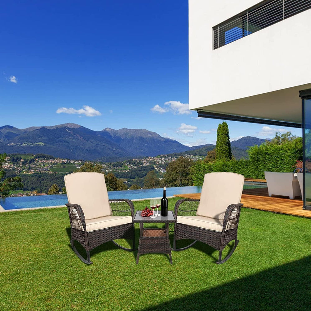 LEVELEVE 3 pcs Rocking Bistro Set Conversation Chairs PE Wicker Outdoor Rocki...
