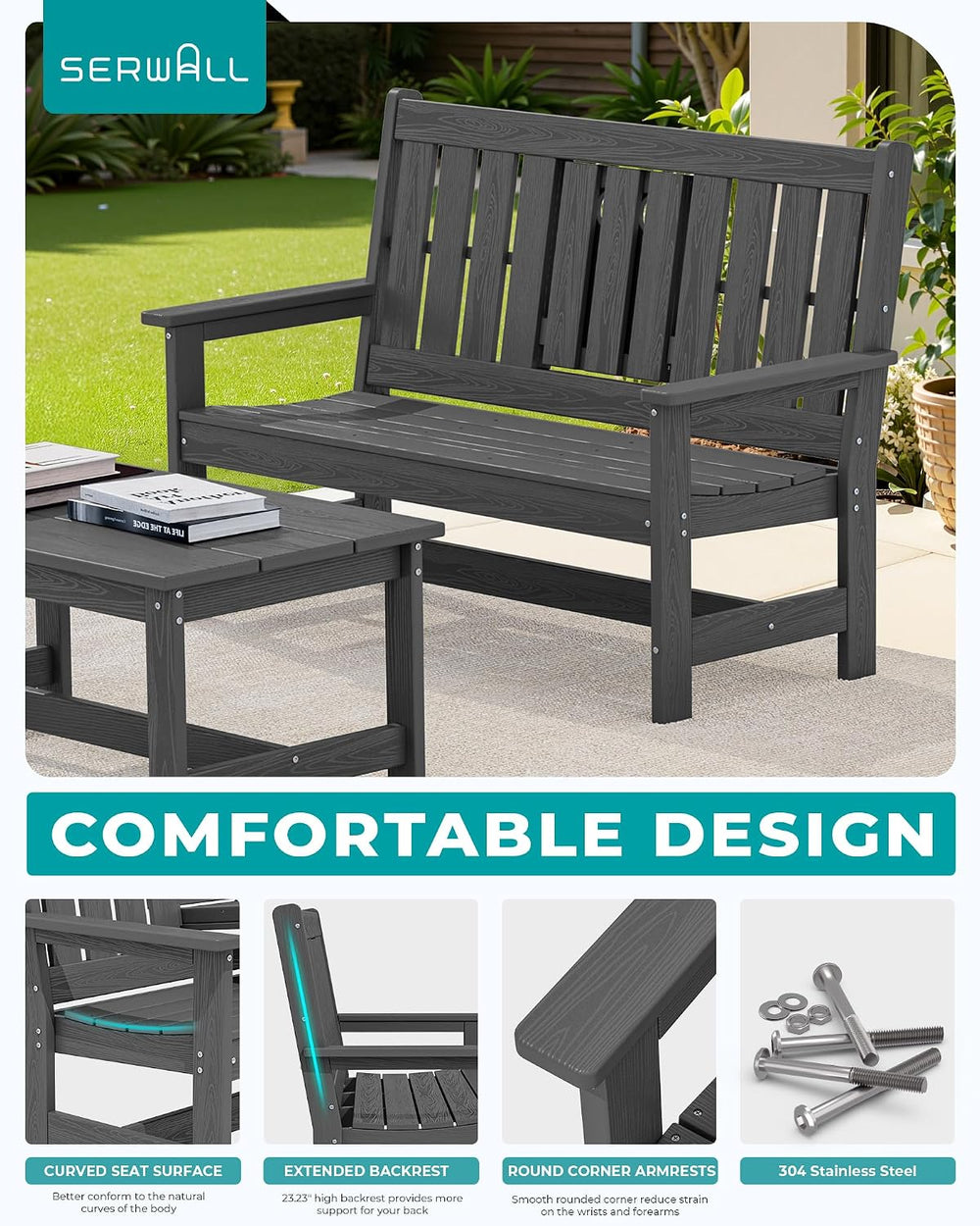 SERWALL HDPE Outdoor Bench with Cup Holder Oversized 58" Porch Bench, Grey