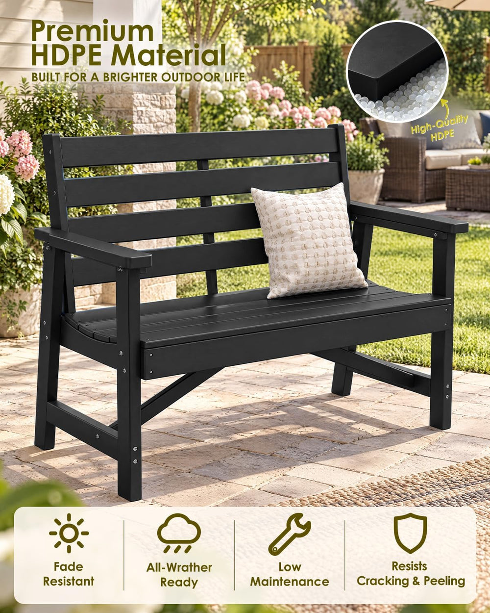 GREENVINES Outdoor Bench, 2-Person HDPE Garden Benches, Black