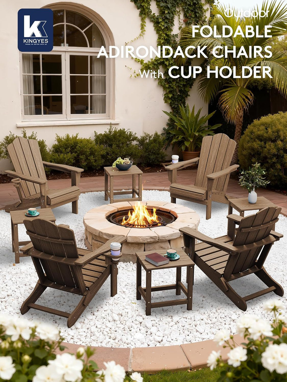 KINGYES Folding Adirondack Chair Set of 2 with Cup Holder, Brown