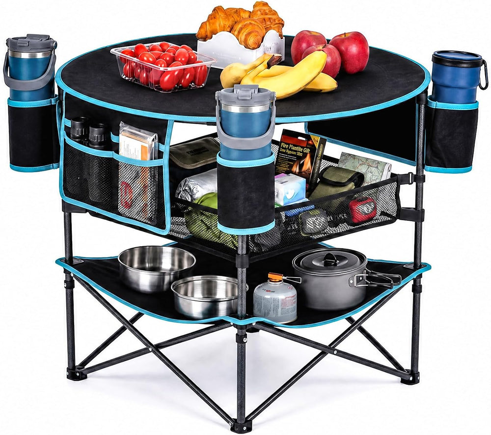 FUNDANGO Foldable Camping Table, 3-Tier Removable Mesh Shelf, 4 Cup Holders