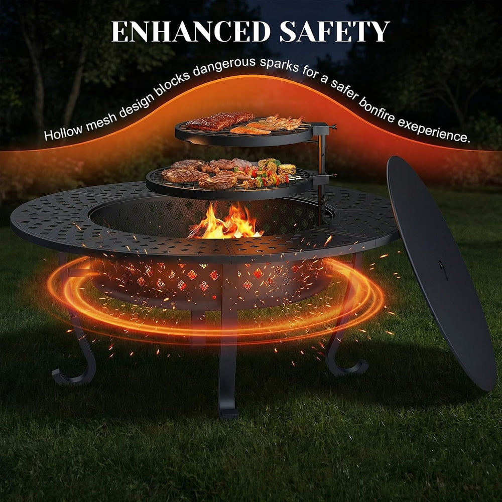 43" Fire Pit, Firepit with Adjustable 2 Grills & Lid & Fire Poke...