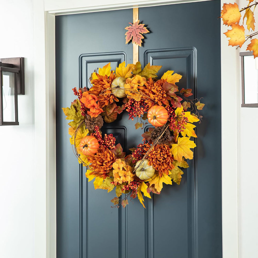 Glitzhome 24 inch Artificial Fall Wreath Decor, Autumn Maple Leaf Wreath for ...