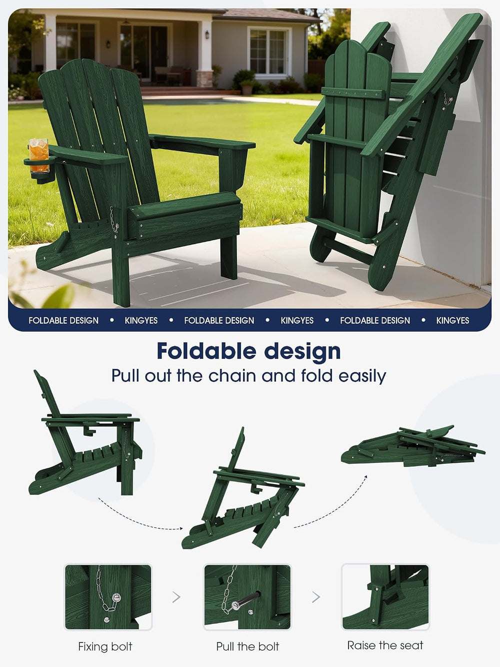 KINGYES Folding Adirondack Chair Set of 2 with Cup Holder, Green
