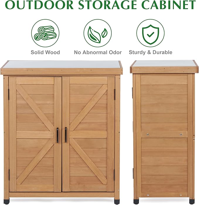 Outdoor Storage Cabinet & Potting Bench Table with Metal Top, Wooden Pati...