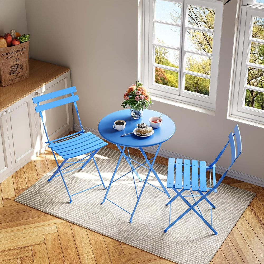 Bistro Table and Chairs Set of 2, 3 Piece Folding Patio Bistro Set, Blue