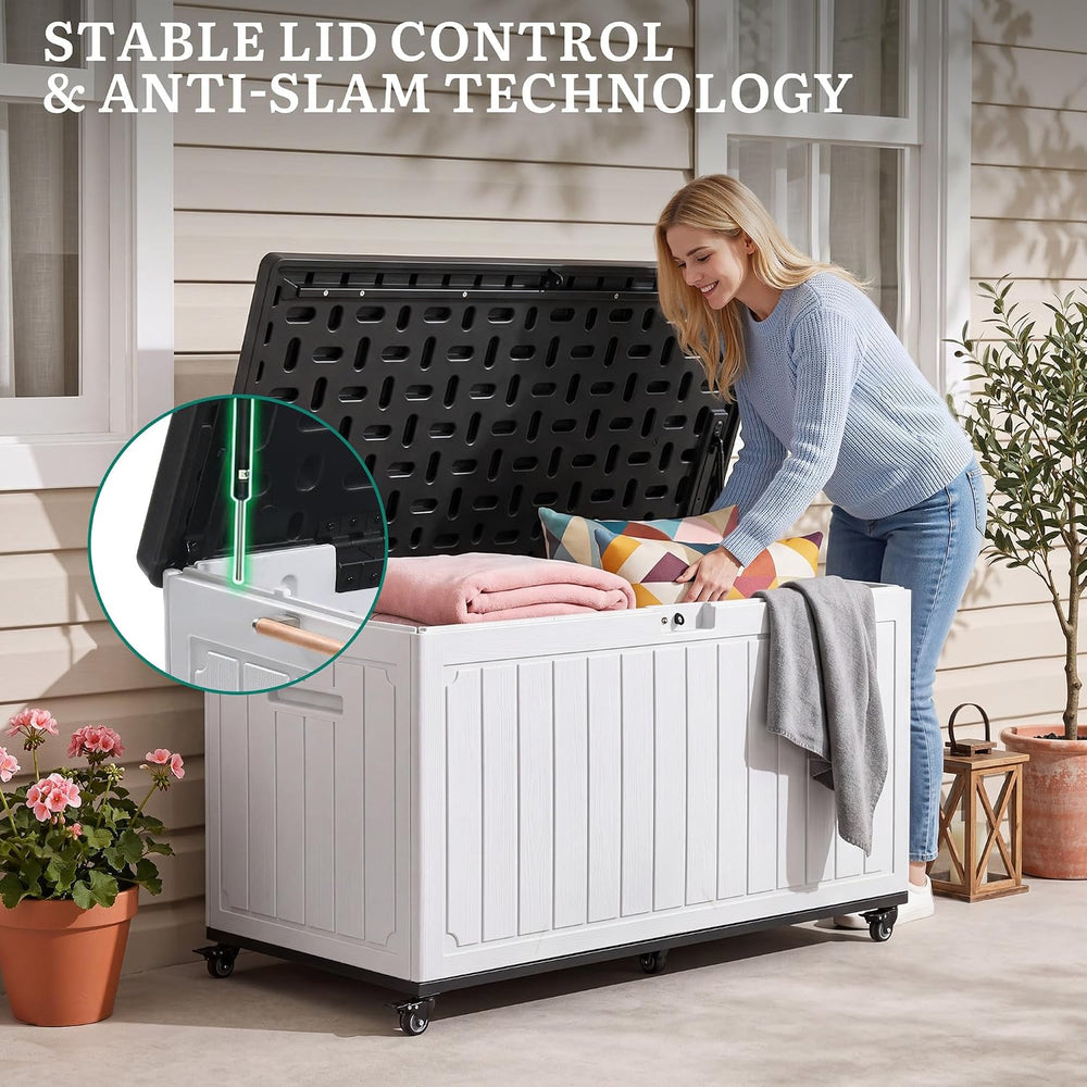 YITAHOME 90 Gallon Outdoor Storage Box with 6 Swivel Wheels & Dual Wooden
