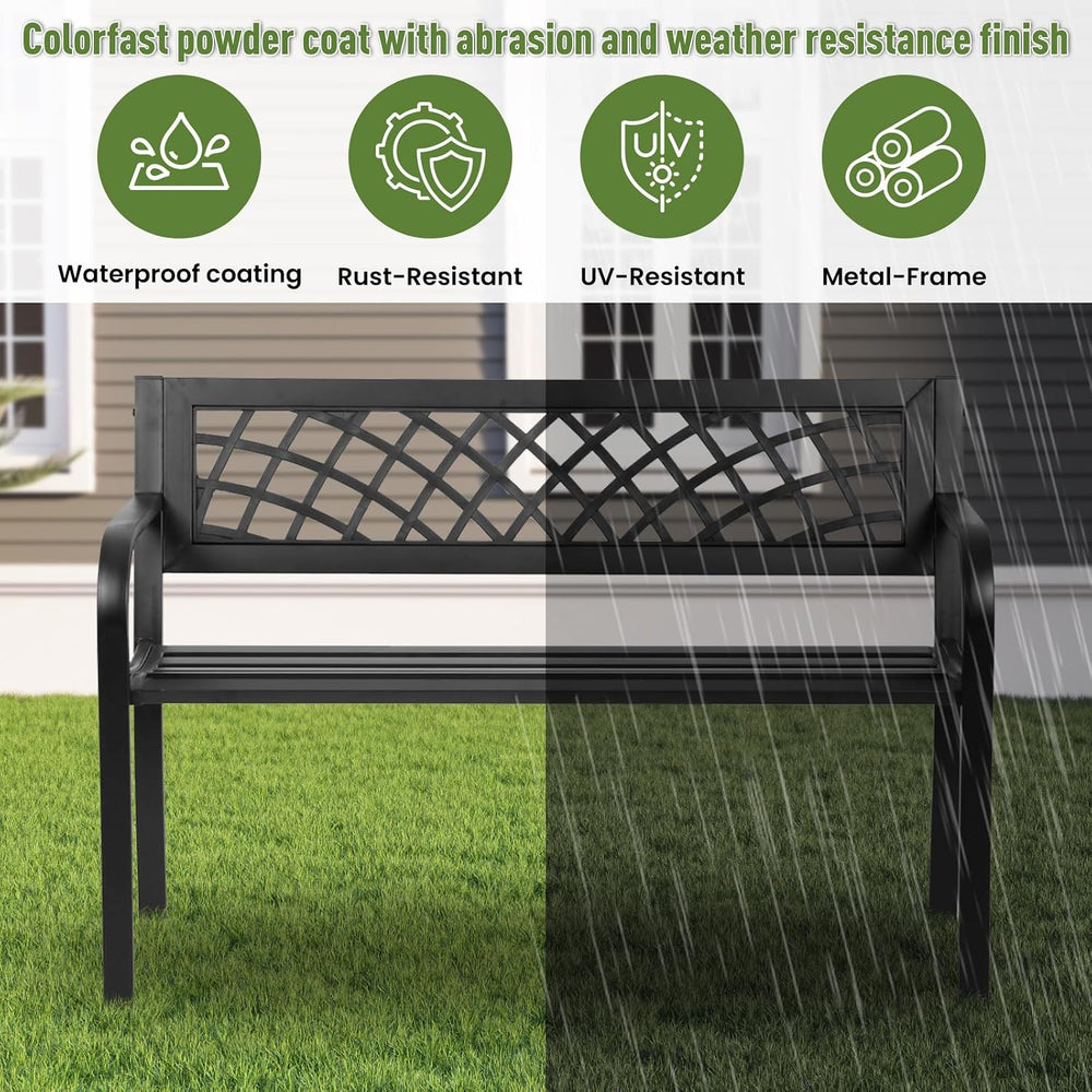 Outdoor Garden Bench, Iron Steel Frame Patio Bench with Mesh Pattern and Plas...