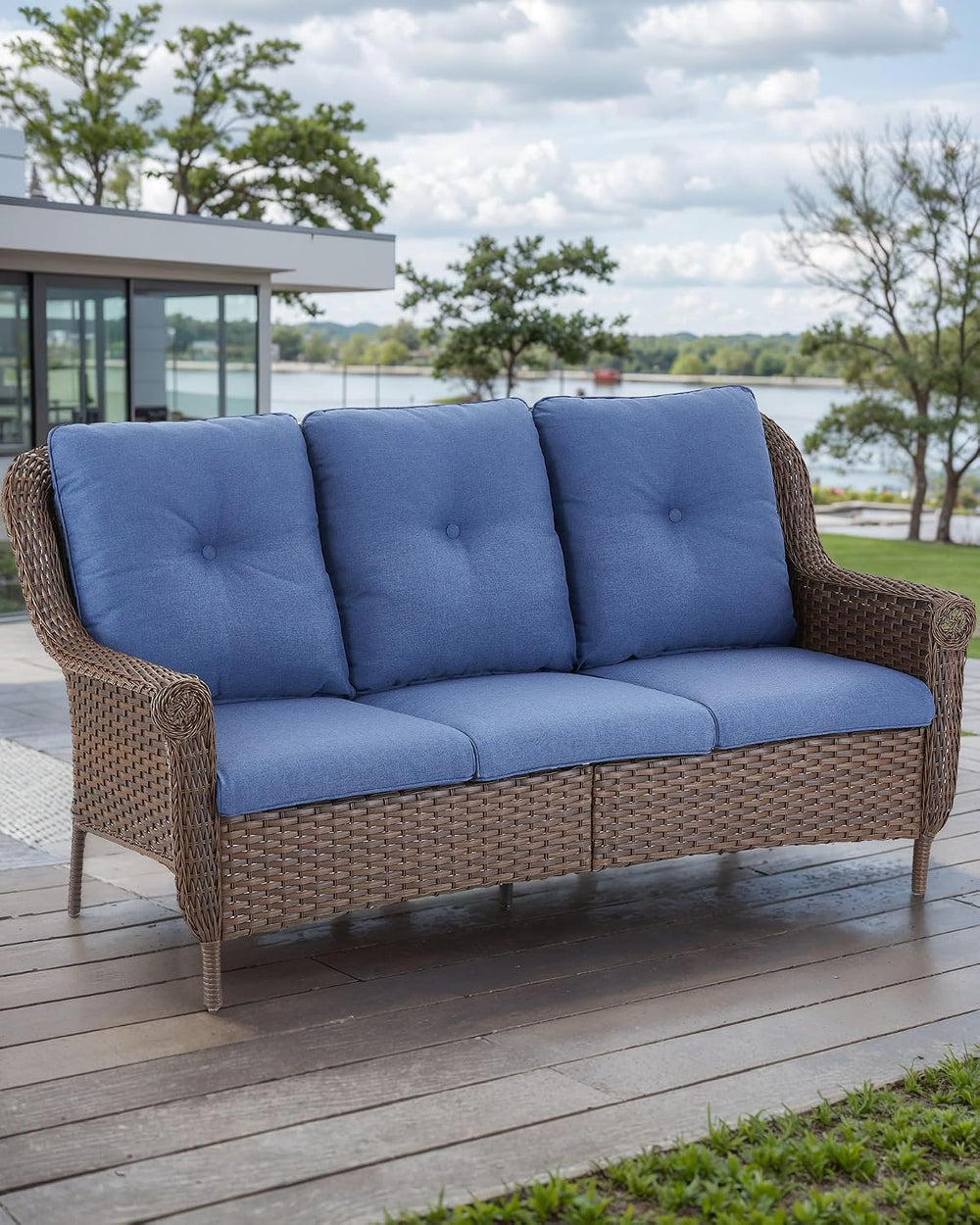 Patio Couch Outdoor Wicker Sofa - Heavy Duty All-Weather Brown Rattan 3-Seate...