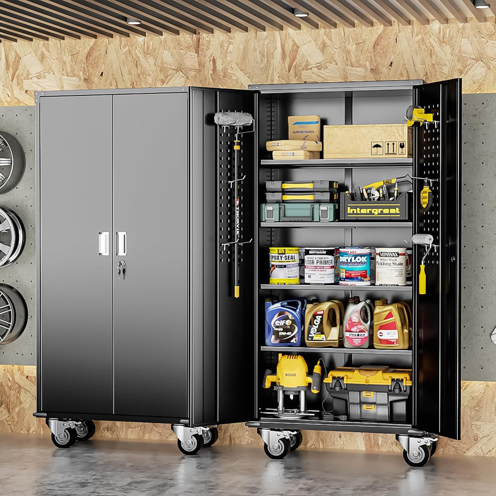 Garage Storage Cabinet with Wheels, 72" H Metal Cabinet with 2 Locking D...