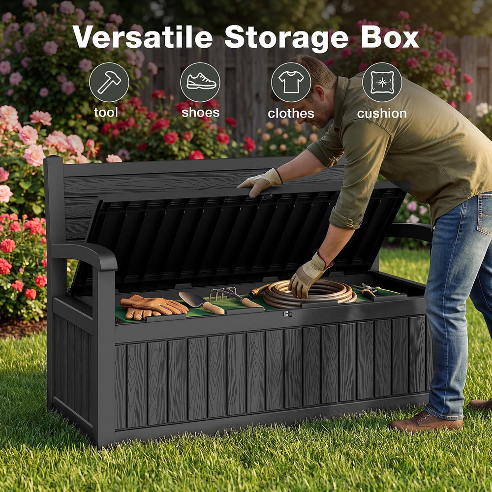 130 Gallon Lockable Deck Box, Black Outdoor Storage Box Bench