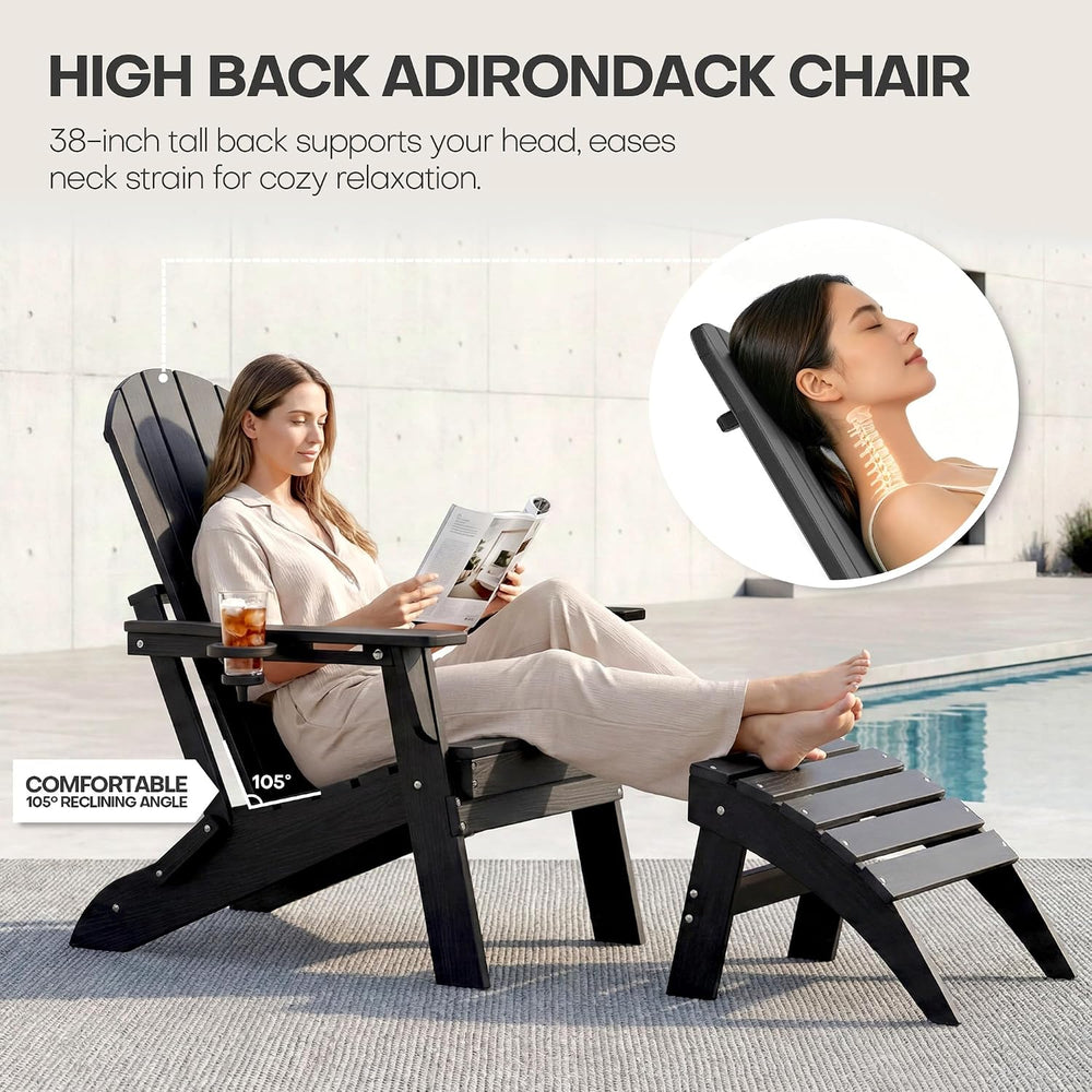 HDPE Folding Adirondack Chair with Cup Holders, Black