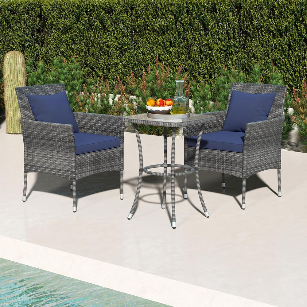 Tangkula 3-Piece Patio Furniture Set, PE Wicker Conversation Bistro Set w/A T...